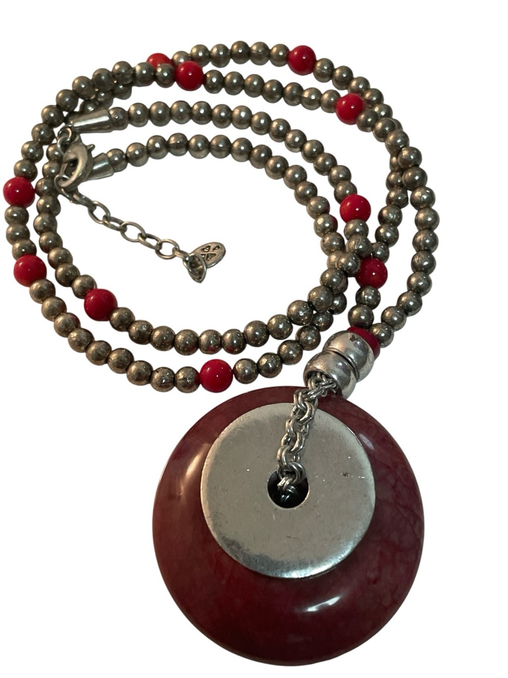 Lucky Brand Pink Stone Donut Pendant Lariat Necklace Oxidized Silver Beads